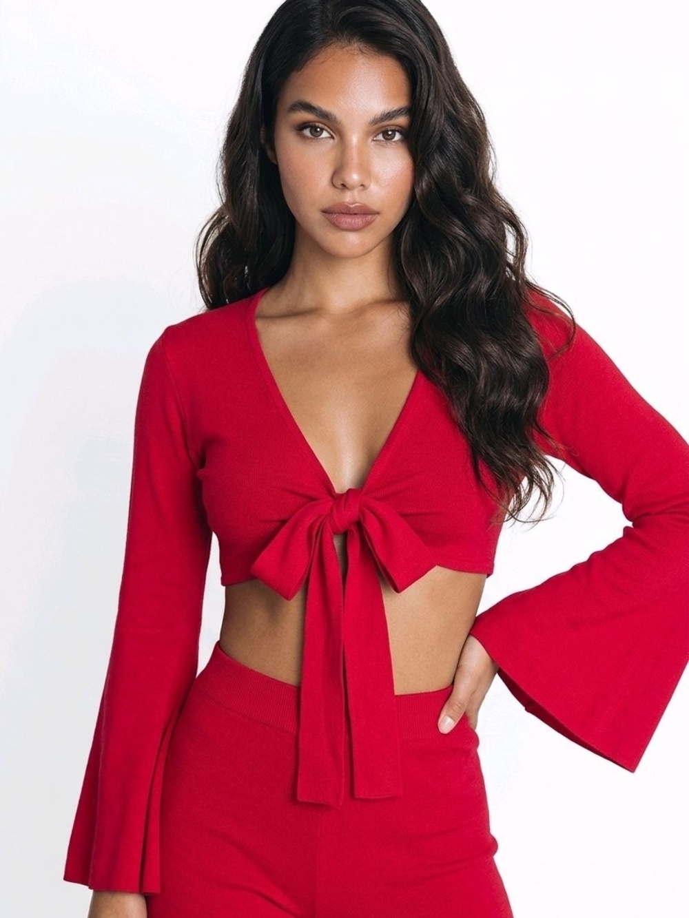 Red Tie-Front Crop Top with Bell Sleeves by